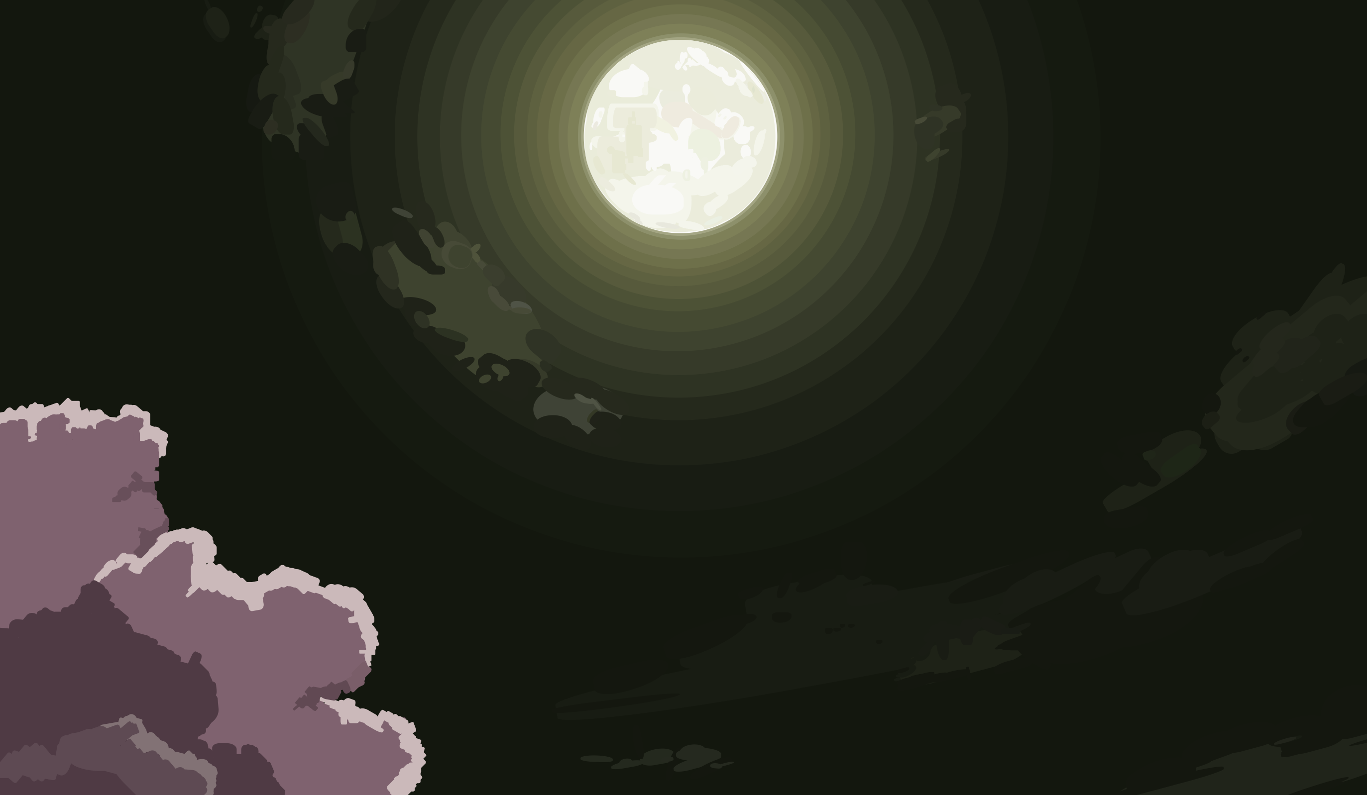 A dark sky with a bright full moon and wispy clouds